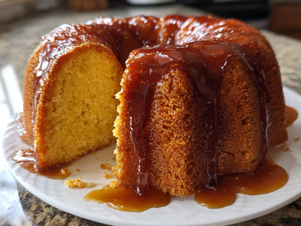 A moist, golden Bacardi Rum Cake in a bundt shape, heavily drizzled with a thick, amber rum glaze.
