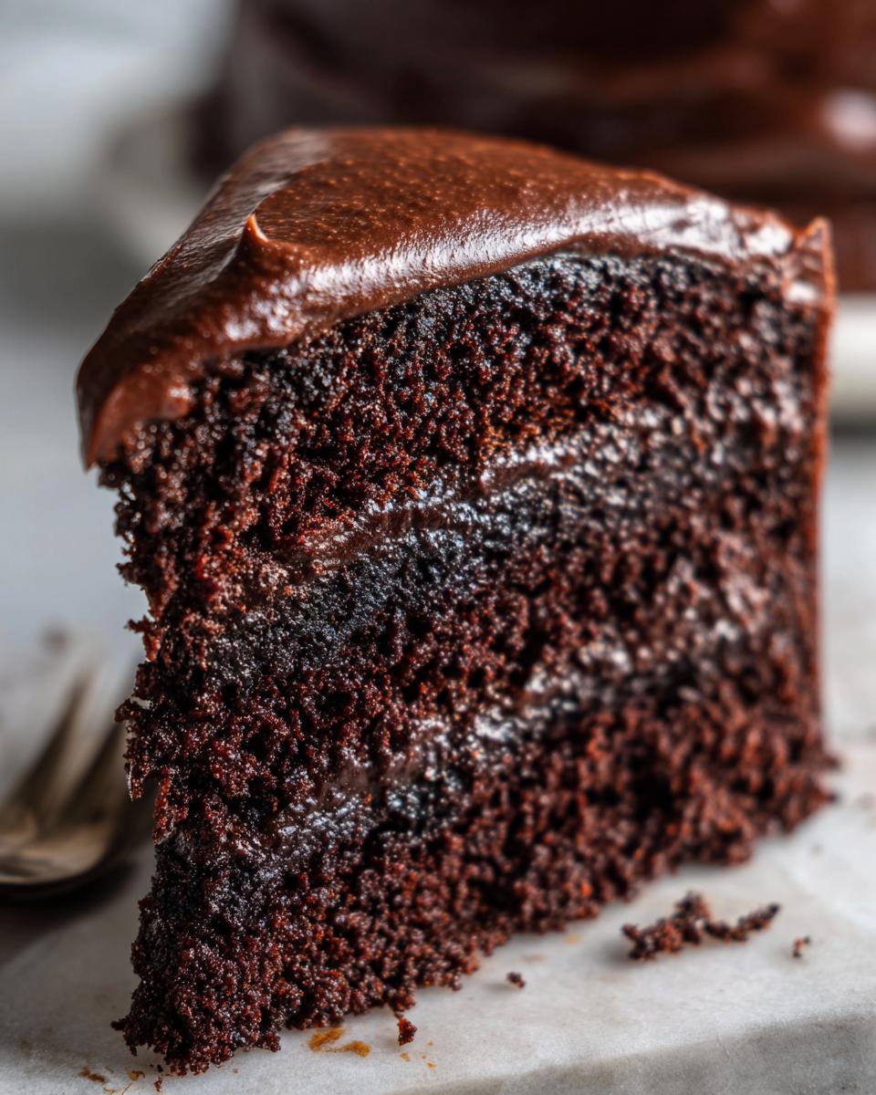 Close-up of a rich, moist slice of chocolate fudge cake layered with dark frosting.