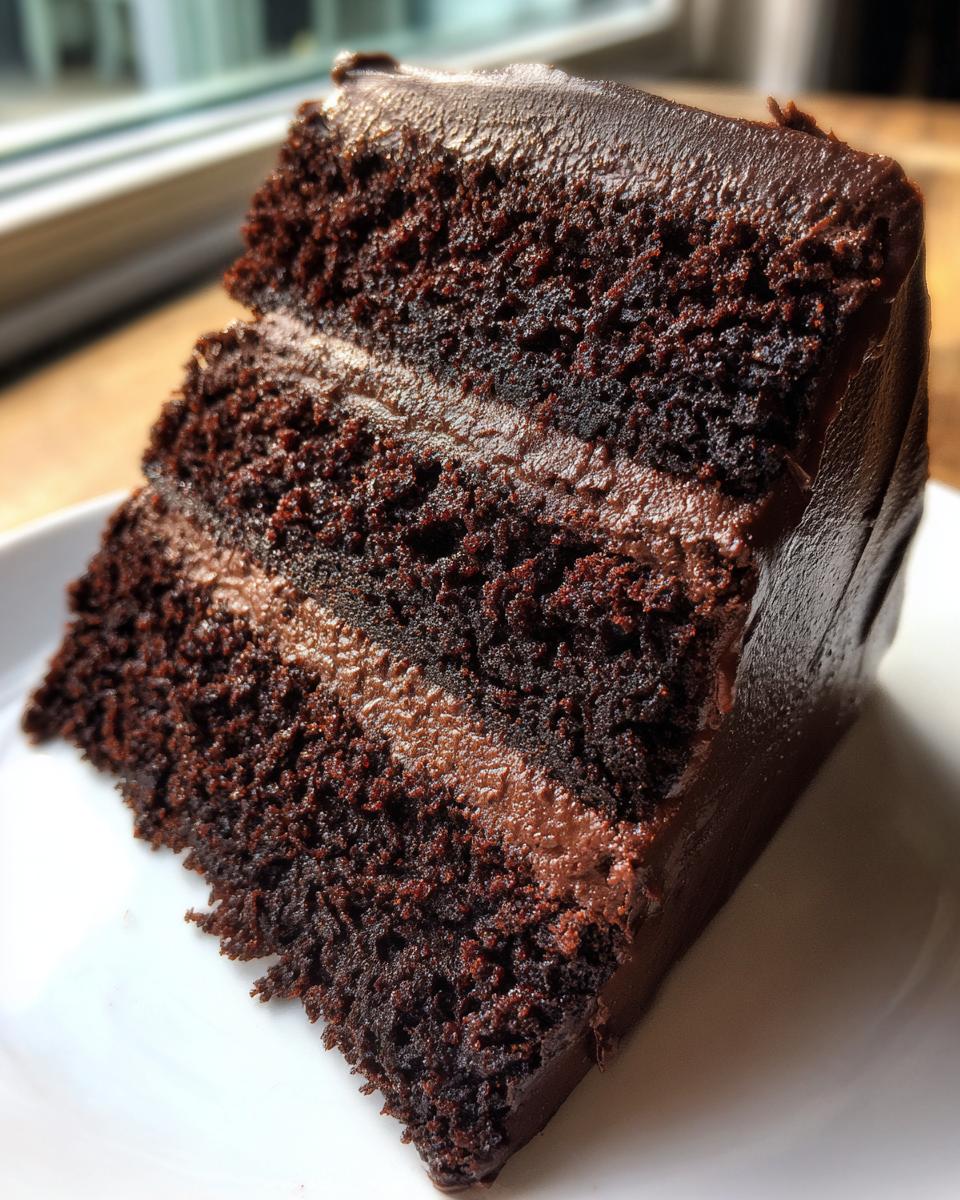 Close-up of a moist, rich slice of chocolate fudge cake with two layers and thick frosting.