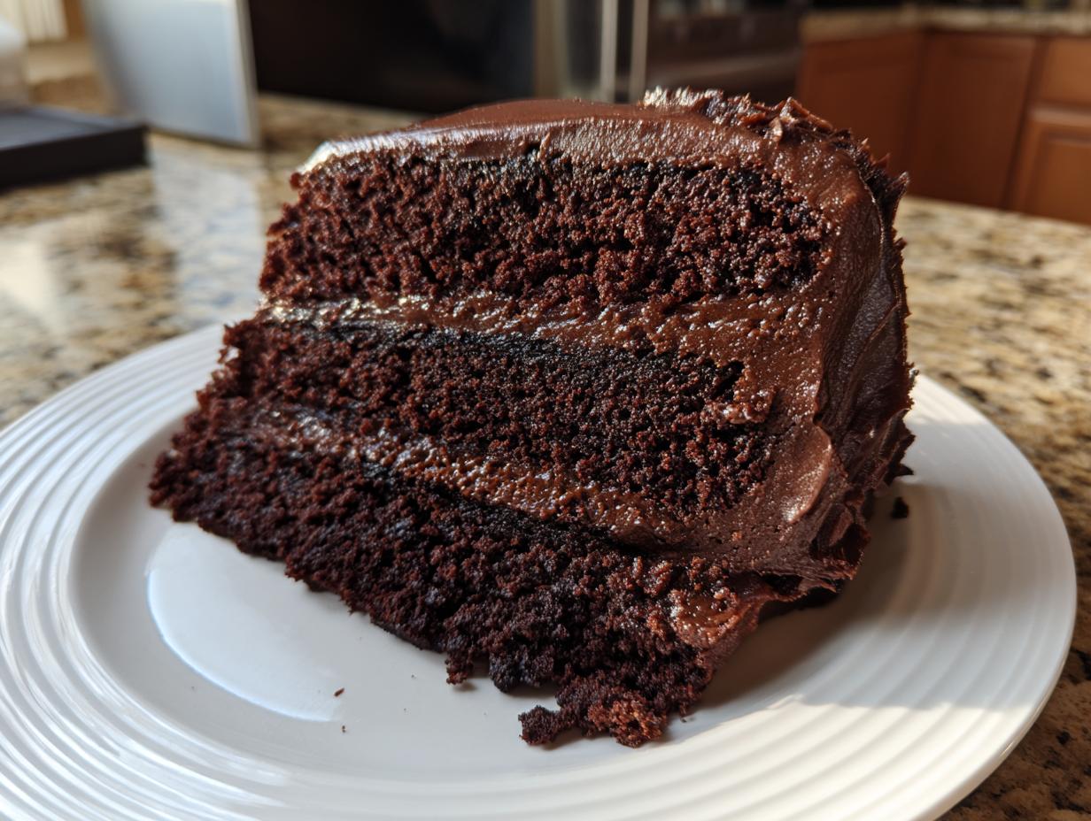 Close-up of a moist slice of two-layer chocolate fudge cake covered in rich chocolate frosting.
