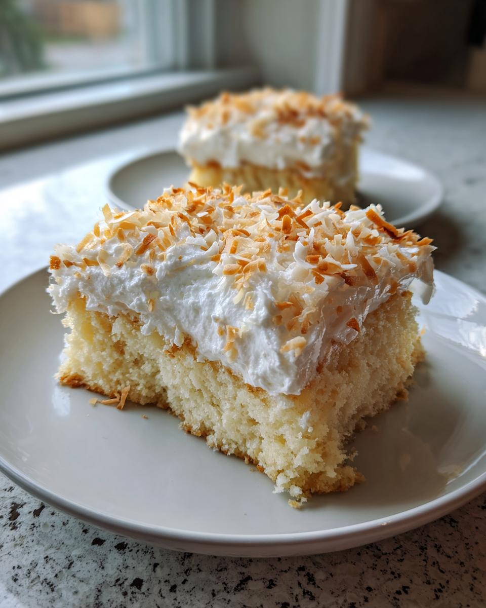 Close-up of a slice of moist coconut poke cake topped with whipped cream and toasted coconut flakes.