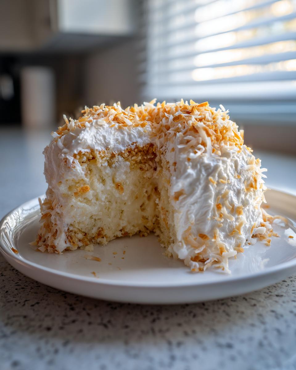 A slice taken out of a moist coconut poke cake topped with whipped cream and toasted coconut flakes.