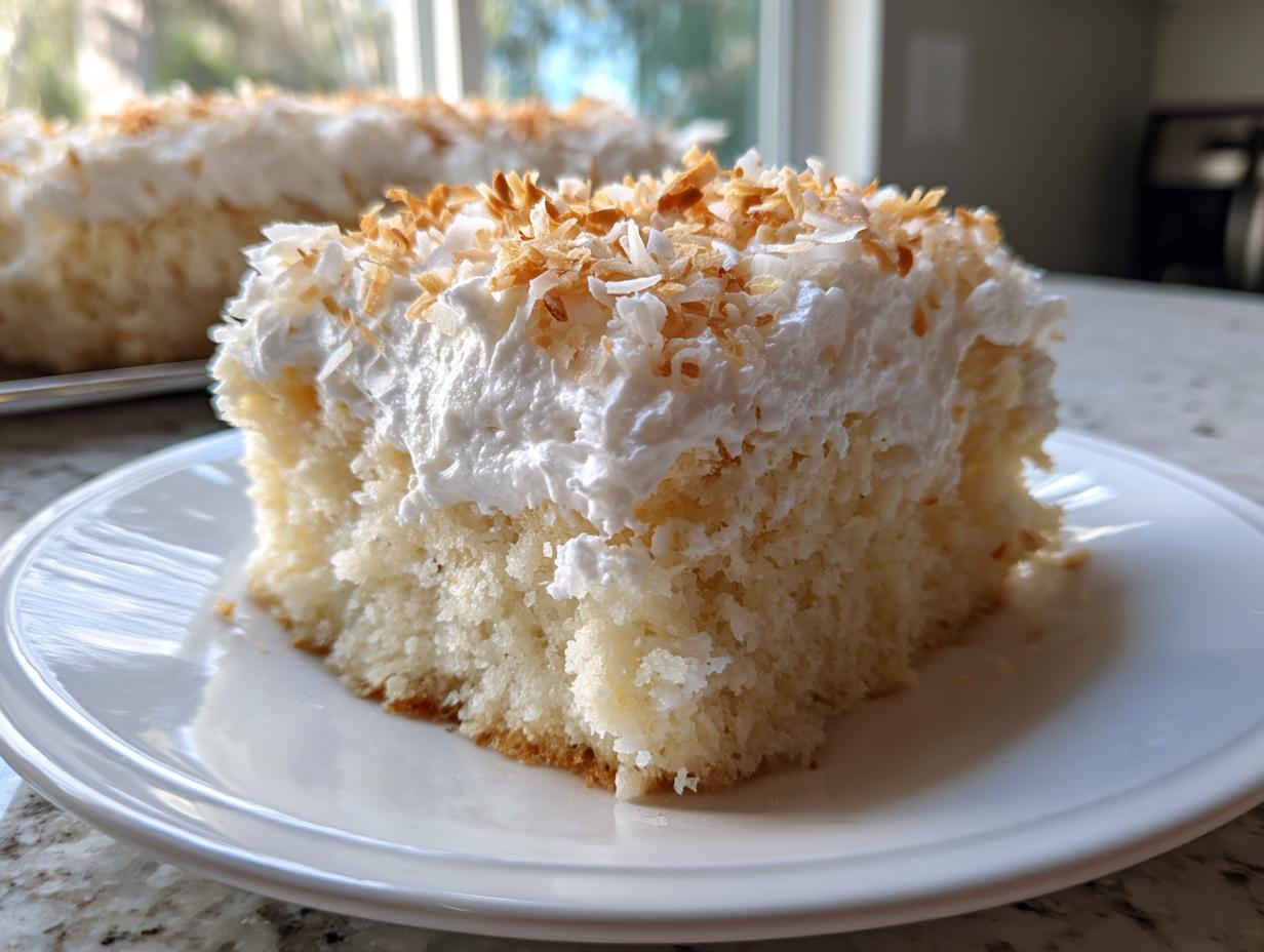 A moist slice of coconut poke cake topped with whipped cream and toasted coconut flakes on a white plate.