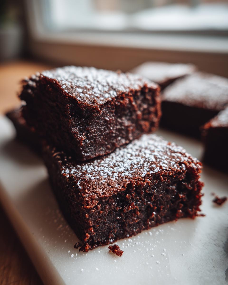 Close-up of two stacked, rich, dark gingerbread brownies topped with powdered sugar.