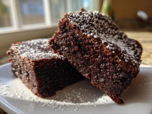 Two rich, dark slices of moist gingerbread brownies topped with a dusting of white powdered sugar.