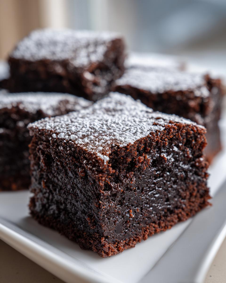 Close-up of a rich, dark square of gingerbread brownies dusted with powdered sugar on a white plate.