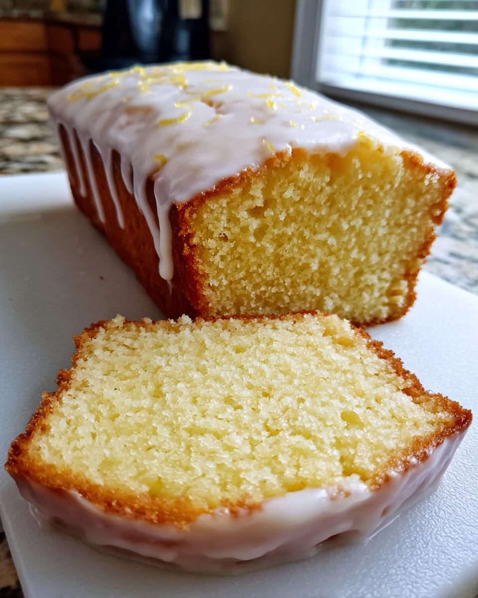A close-up of a moist lemon loaf with a thick white glaze and lemon zest topping, one slice cut.