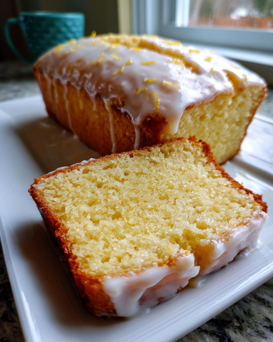 A slice cut from a moist lemon loaf, drizzled with white glaze and topped with lemon zest.