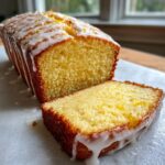 A moist lemon loaf with a thick, white glaze drizzled over the top, showing one slice cut away.