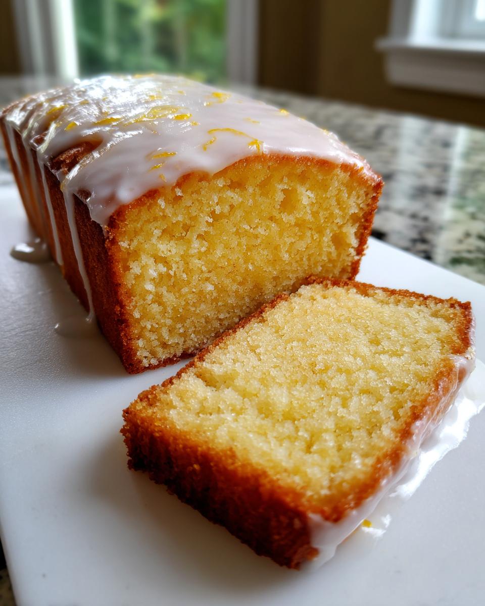 A moist lemon loaf cake, partially sliced, topped with white glaze and lemon zest.
