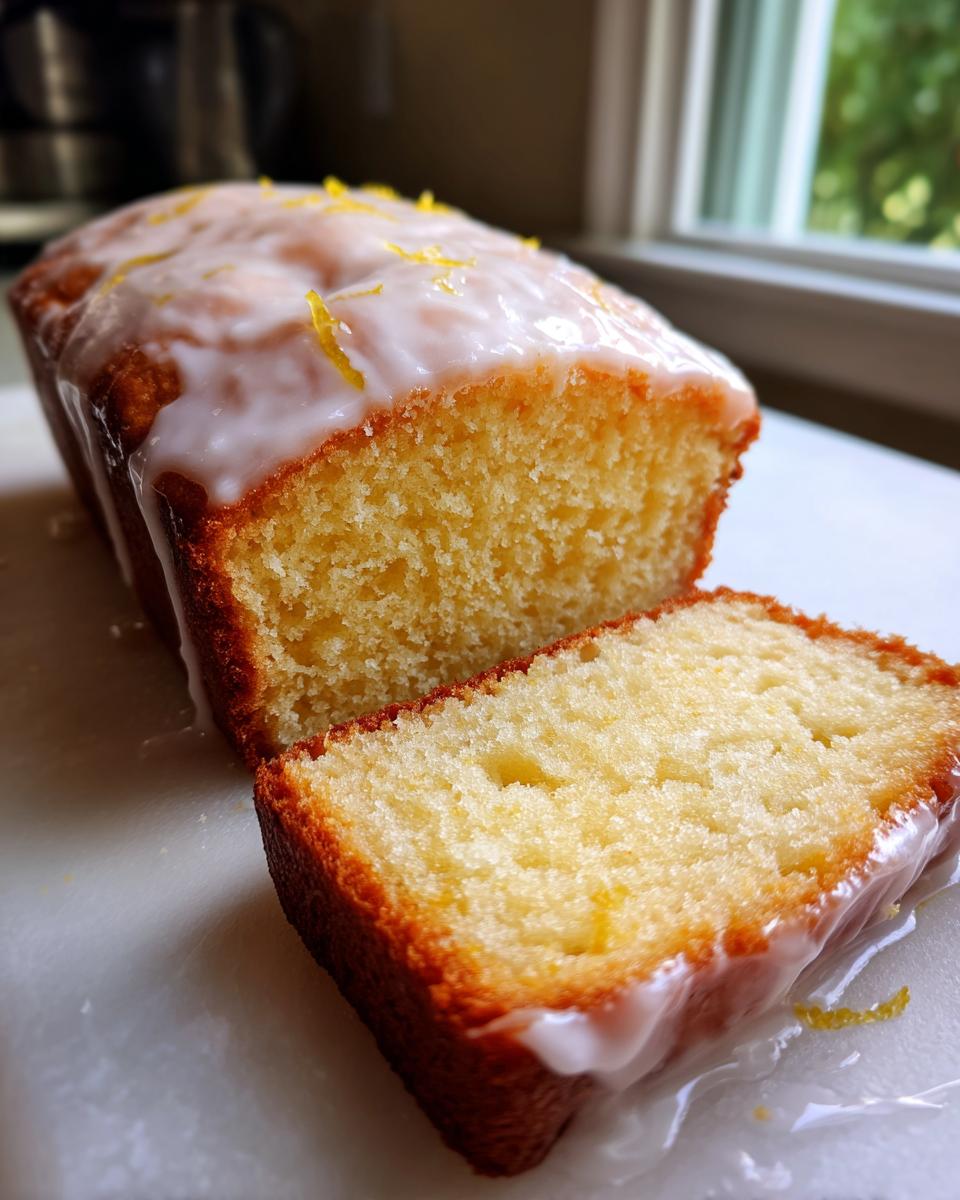 A close-up of a moist lemon loaf, sliced to show the texture, covered in white glaze and lemon zest.