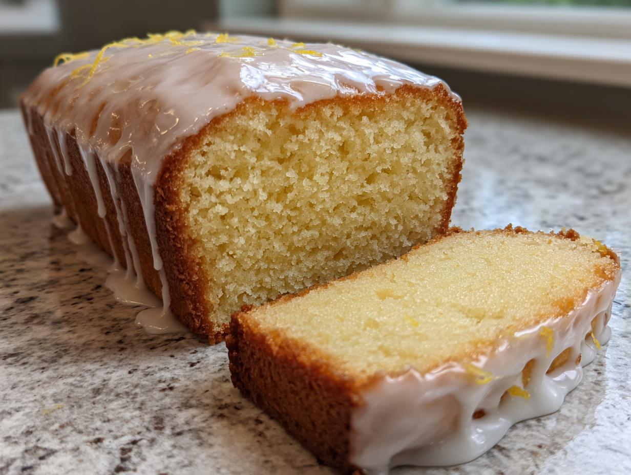 A moist lemon loaf, partially sliced, covered in a thick white glaze and topped with lemon zest.
