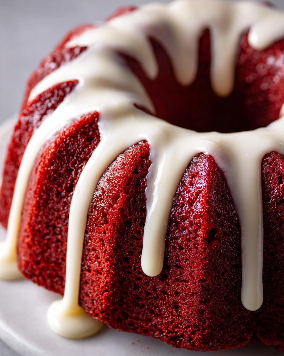 Close-up of a vibrant red velvet bundt cake drizzled generously with thick white cream cheese glaze.