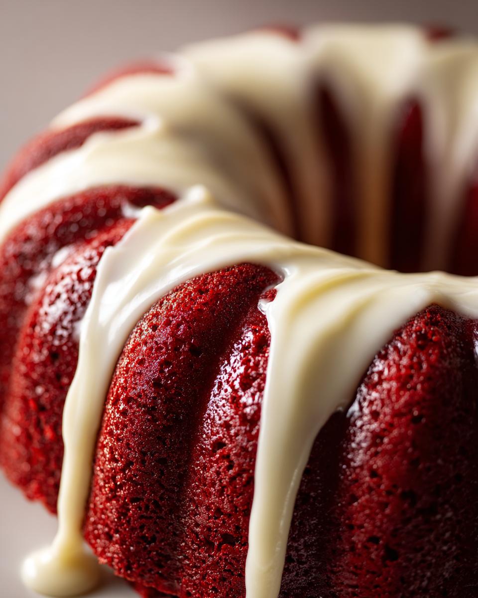Close-up of a vibrant red velvet bundt cake drizzled generously with thick white cream cheese glaze.