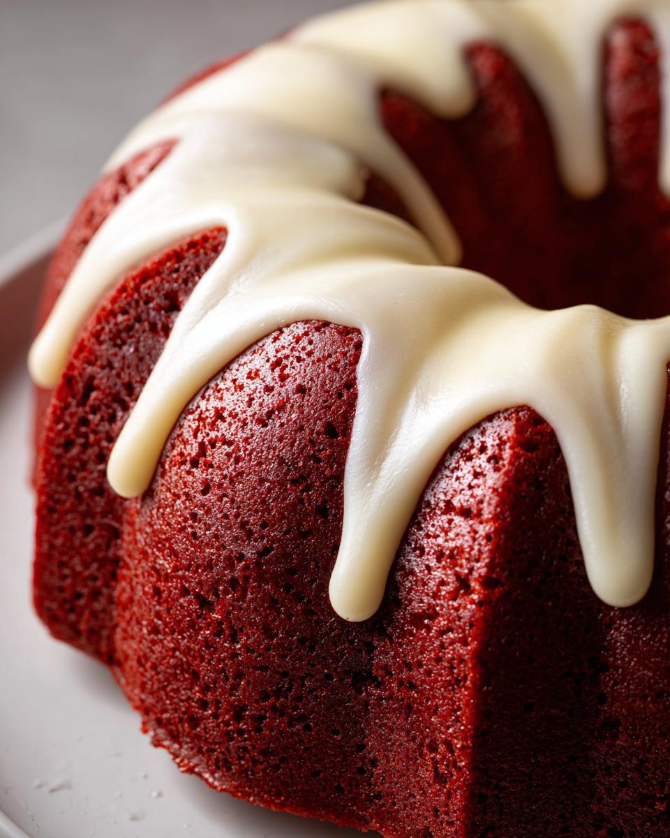 Close-up of a rich, deep red velvet bundt cake drizzled with thick white cream cheese glaze.
