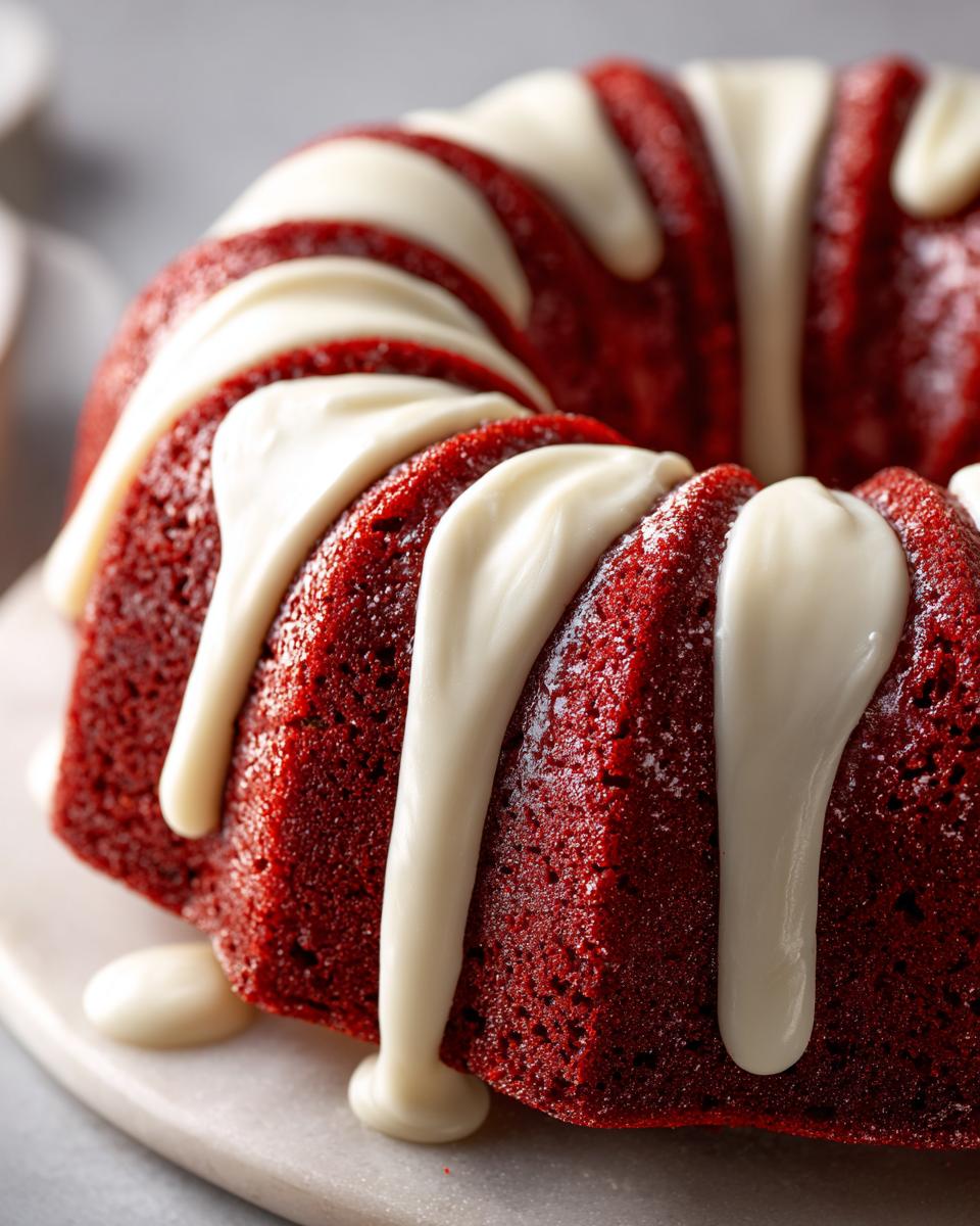 Close-up of a vibrant red velvet bundt cake drizzled generously with thick white cream cheese frosting.