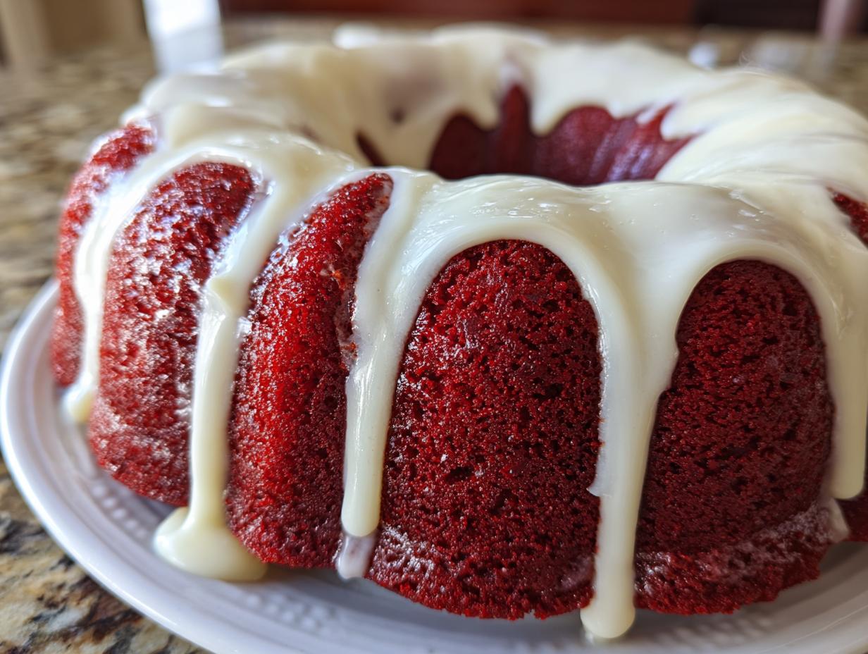 Close-up of a vibrant red velvet bundt cake drizzled generously with white cream cheese glaze.