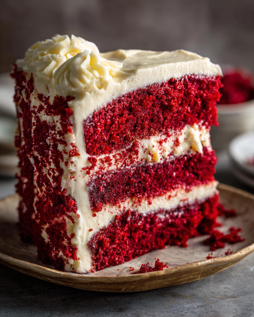 A tall, decadent slice of red velvet cake showing three layers of bright red cake and cream cheese frosting.