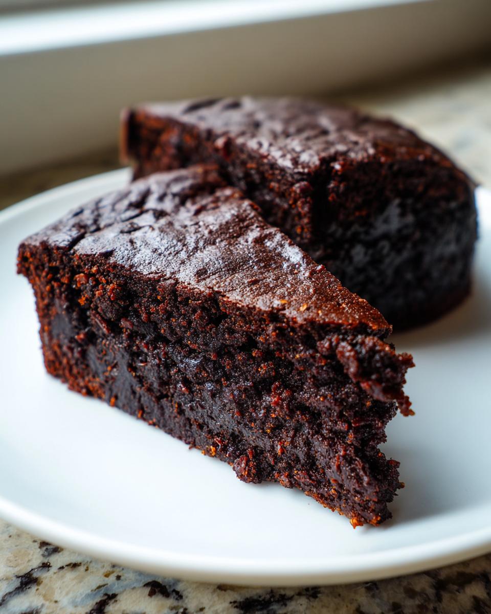 Close-up of a rich, dark slice of date brownies on a white plate, showing a dense, fudgy texture.