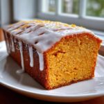 A close-up of a slice of moist sweet potato pound cake topped with white vanilla glaze and orange zest.