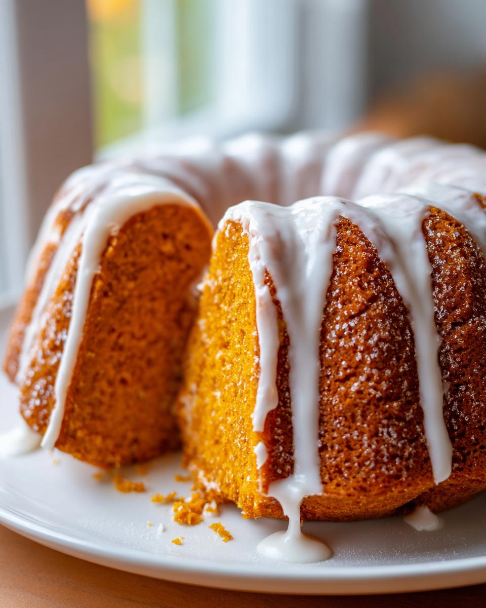 A slice cut from a moist sweet potato pound cake bundt, drizzled heavily with white vanilla glaze.