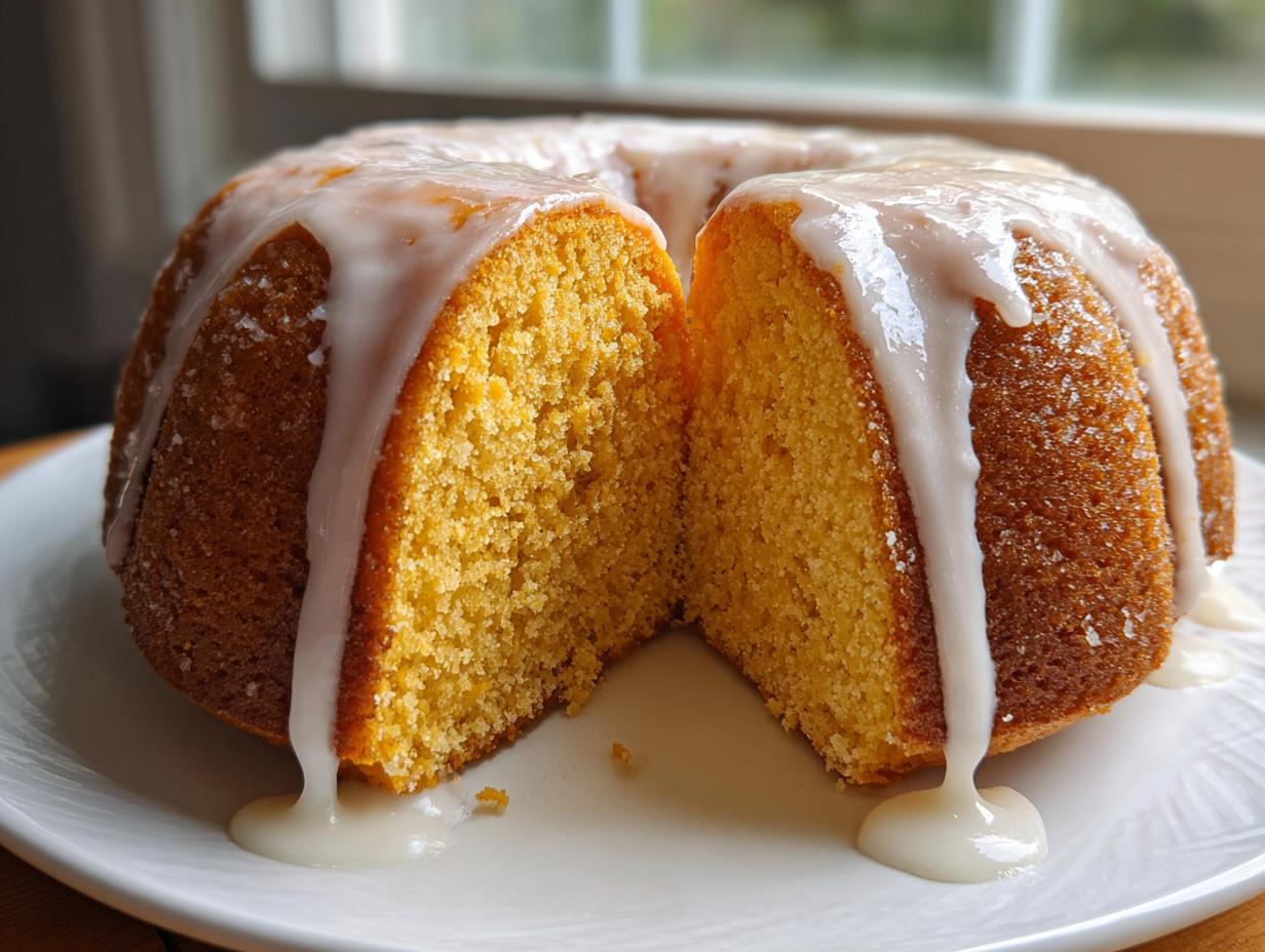 A moist sweet potato pound cake, cut in half, drizzled heavily with white vanilla glaze.