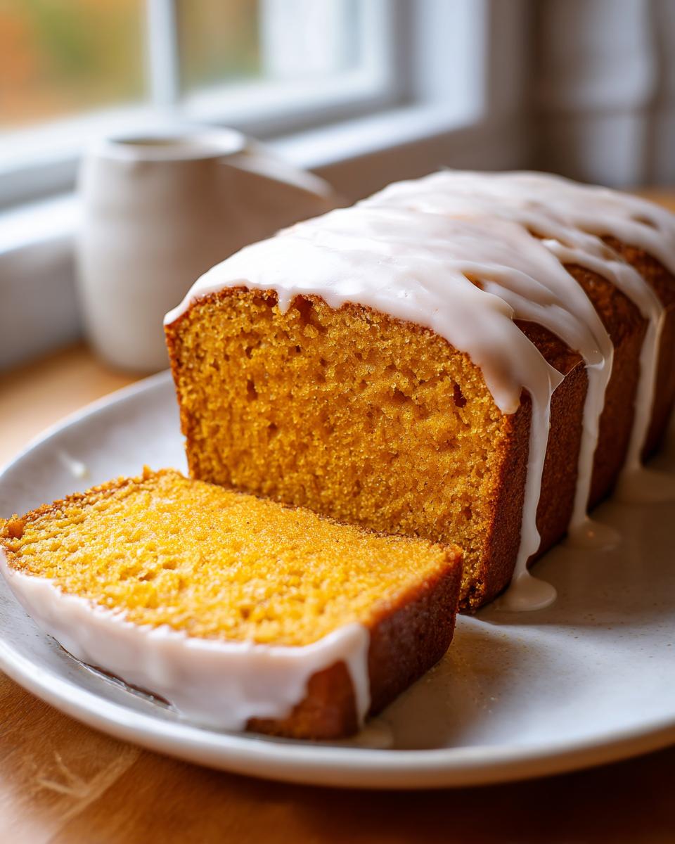 A loaf of moist sweet potato pound cake, partially sliced, topped with a thick white glaze.