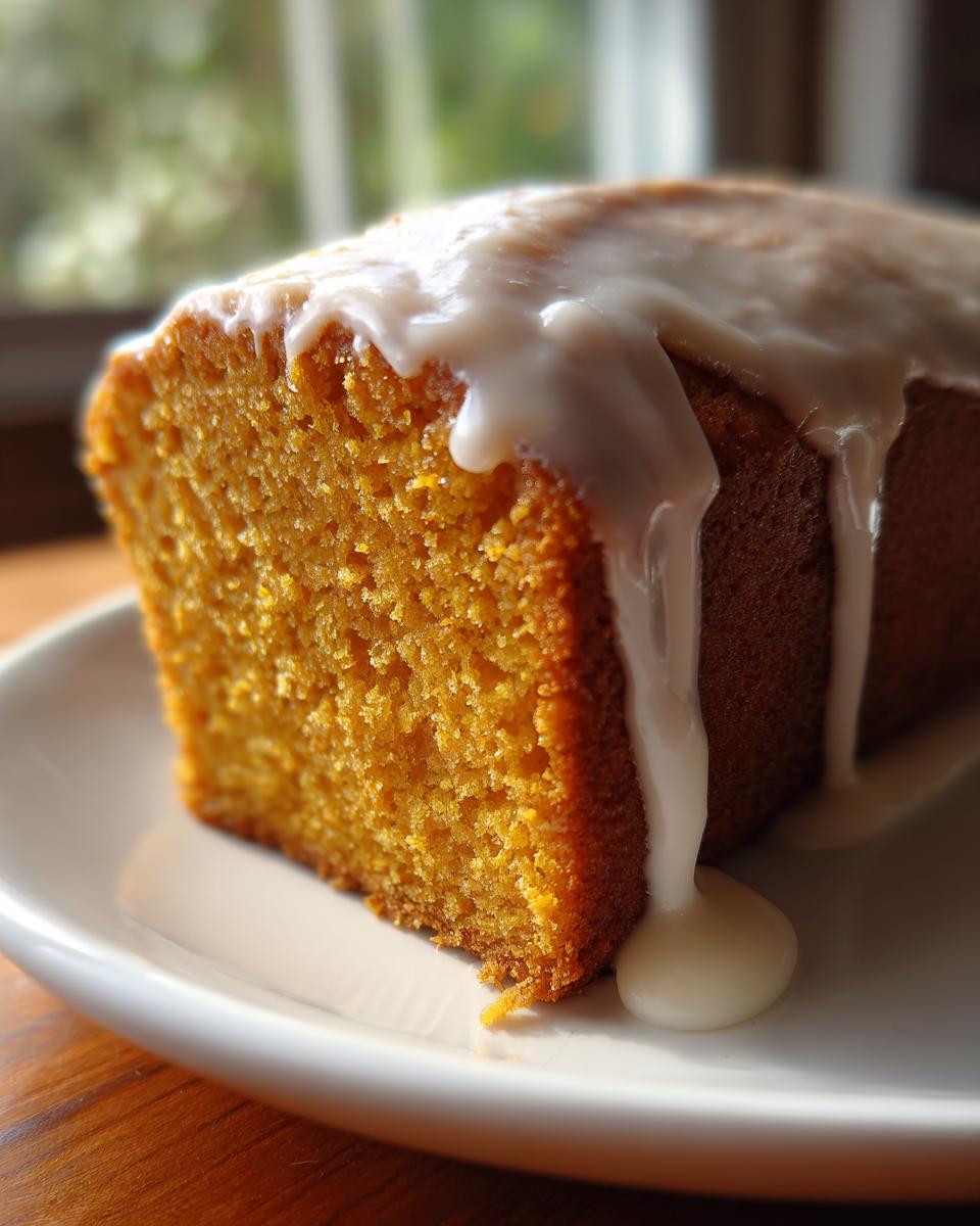 Close-up of a moist slice of sweet potato pound cake topped with thick white vanilla glaze dripping down the side.