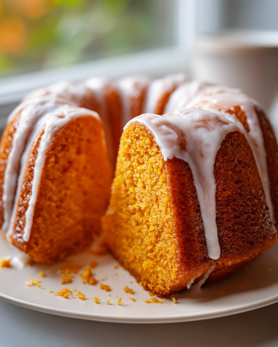 A slice cut from a moist sweet potato pound cake drizzled with white vanilla glaze, resting on a plate.