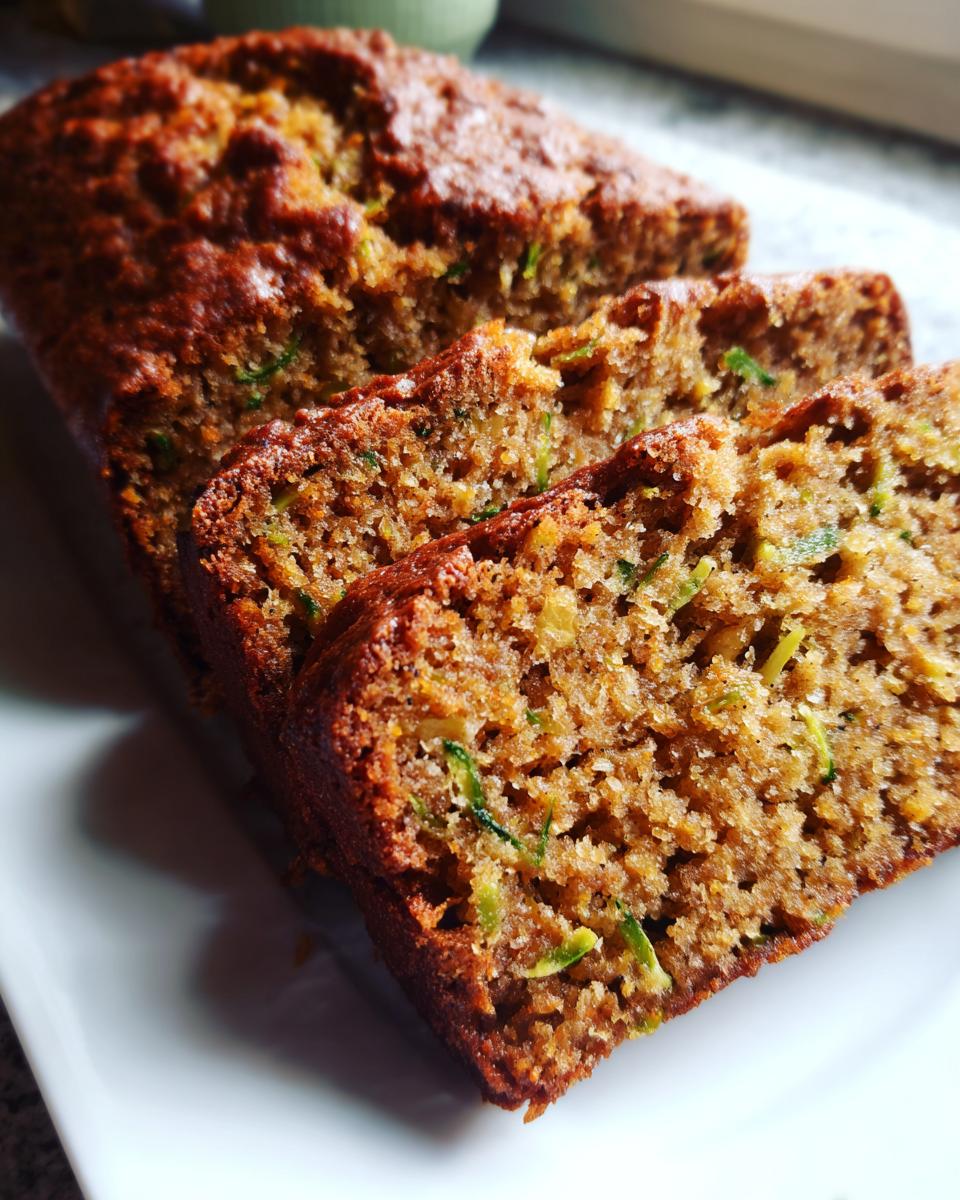Close-up of moist, sliced zucchini banana bread showing visible shreds of green zucchini.