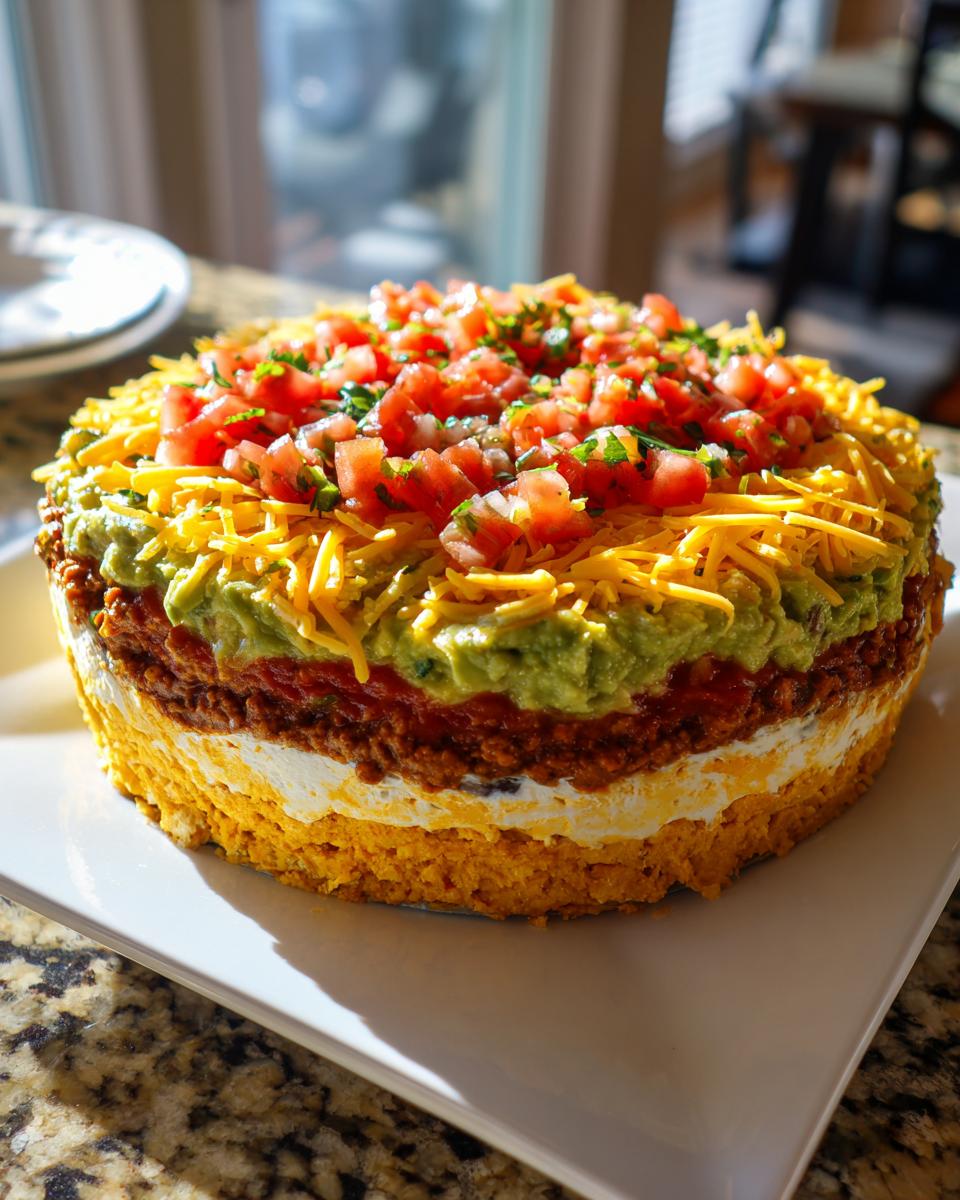A tall, round, molded 7 layer dip topped with shredded cheese, guacamole, and fresh pico de gallo.