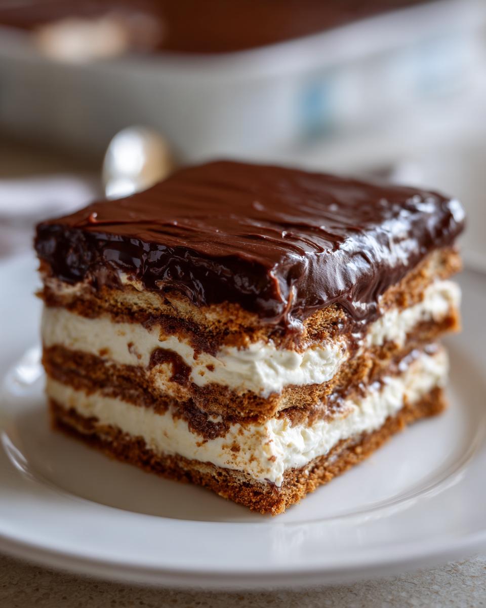 Close-up of a square slice of chocolate eclair cake with layers of graham crackers and cream filling, topped with ganache.