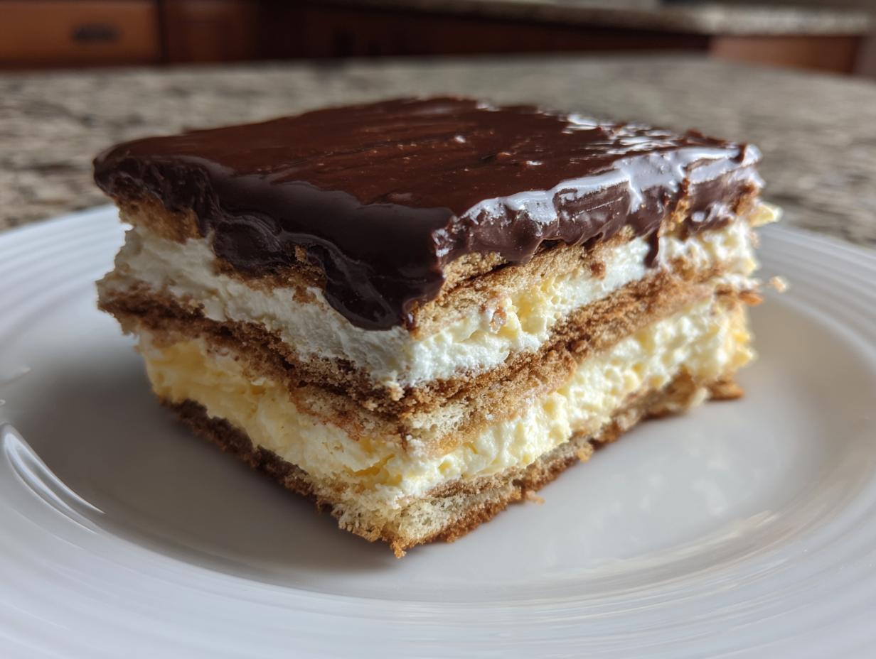 A square slice of chocolate eclair cake showing layers of graham crackers, vanilla pudding, and whipped cream, topped with chocolate ganache.