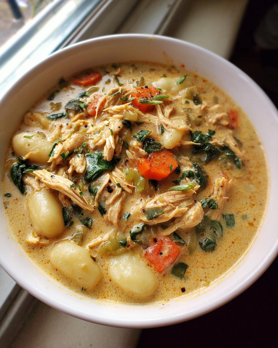 A close-up of a creamy bowl of homemade olive garden chicken gnocchi soup with shredded chicken, carrots, and spinach.