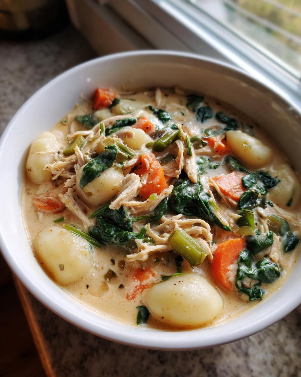 A close-up of a creamy bowl of homemade Olive Garden Chicken Gnocchi Soup with shredded chicken, carrots, spinach, and potato gnocchi.