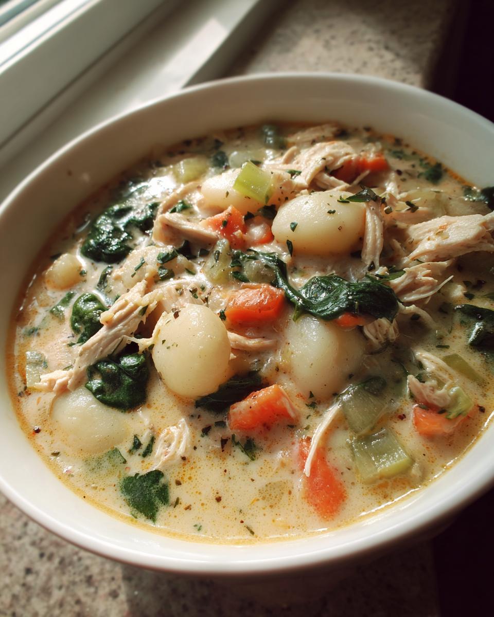 Close-up of a creamy bowl of homemade olive garden chicken gnocchi soup with visible gnocchi, shredded chicken, carrots, and spinach.