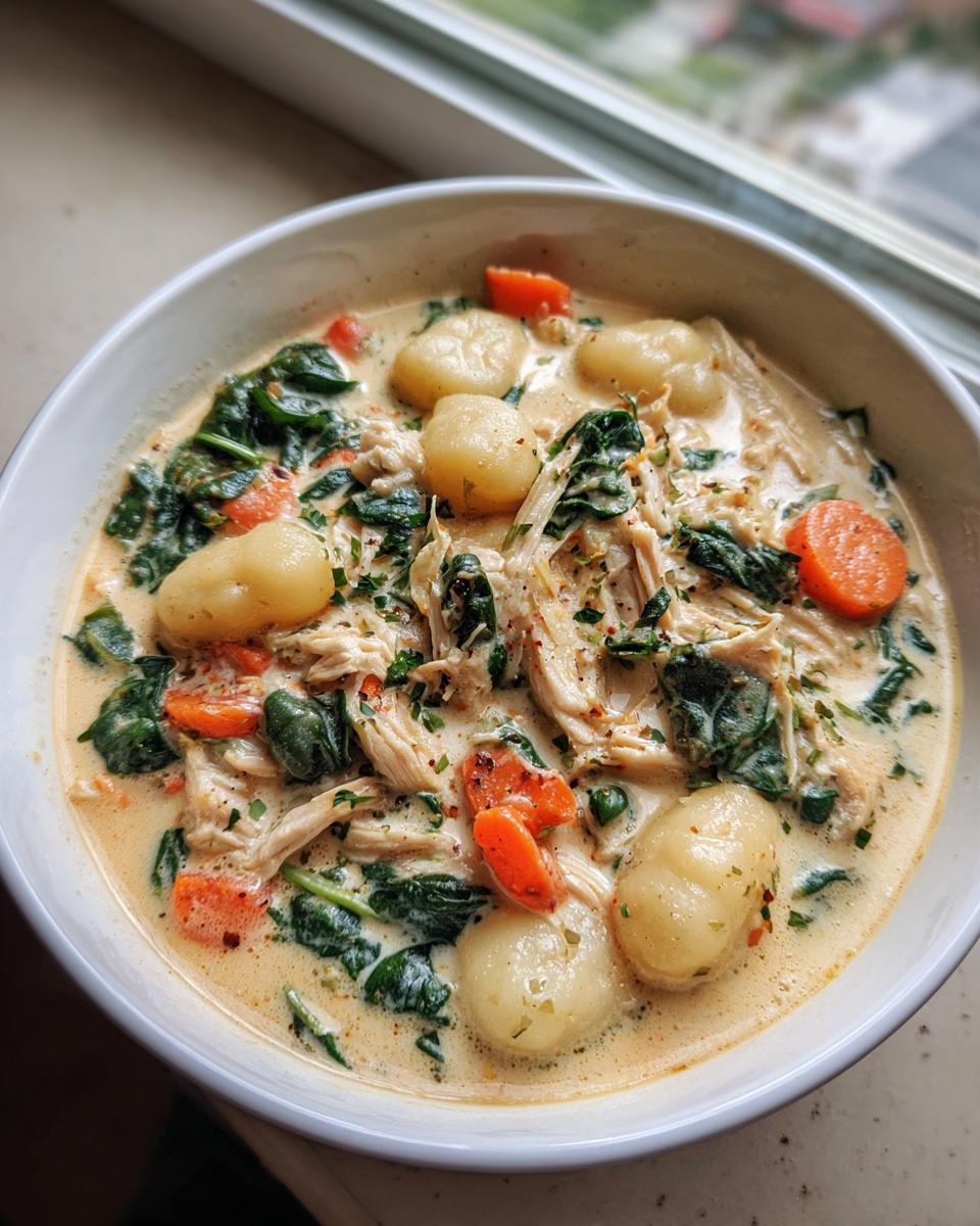 Close-up of homemade Olive Garden chicken gnocchi soup with shredded chicken, spinach, carrots, and potato gnocchi.