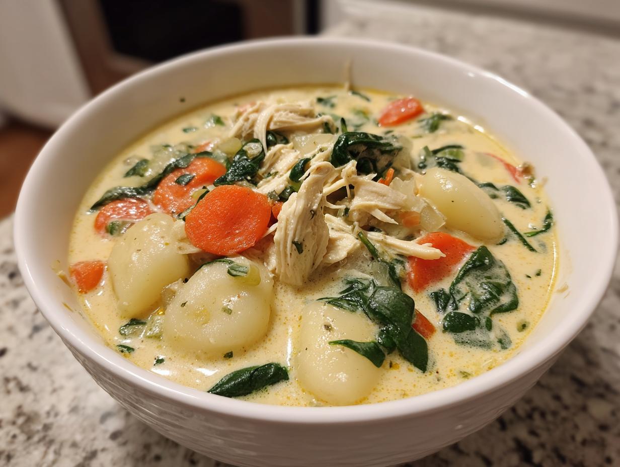 Close-up of a creamy bowl of homemade Olive Garden Chicken Gnocchi Soup with shredded chicken, carrots, and spinach.