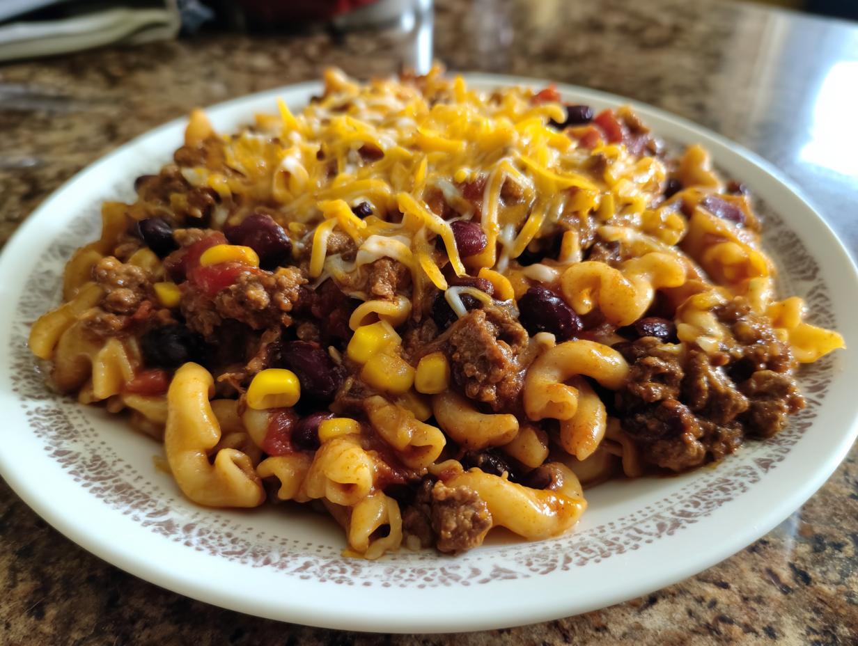 A plate filled with cheesy enchilada pasta mixed with ground beef, black beans, and corn, topped with melted shredded cheese.