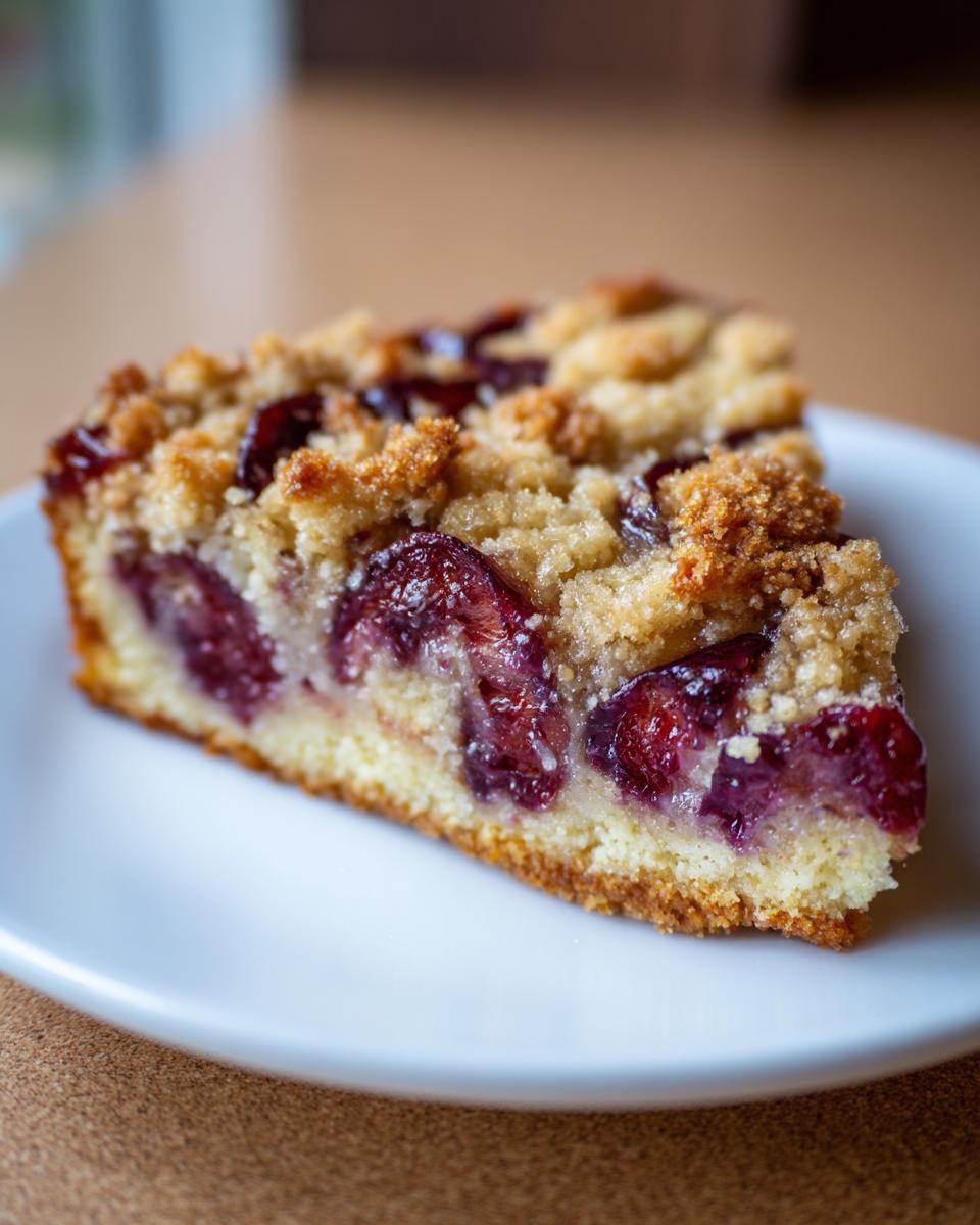 Close-up of a moist slice of plum cake featuring baked purple fruit and a golden streusel topping.