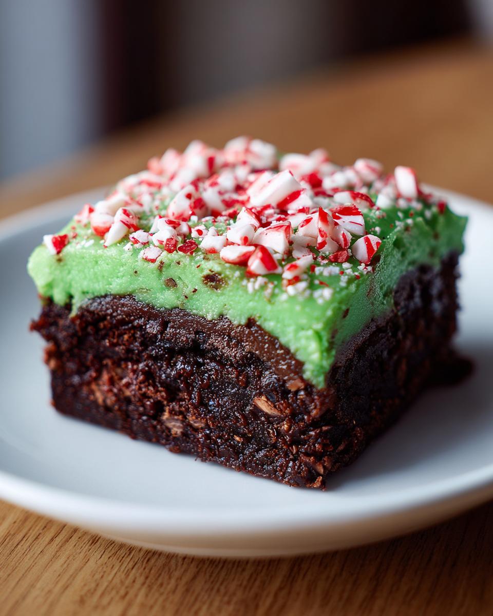 A single square of rich, dark peppermint brownies topped with bright green frosting and crushed candy canes.