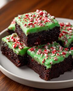Close-up of stacked, rich chocolate peppermint brownies topped with bright green frosting and crushed candy canes.