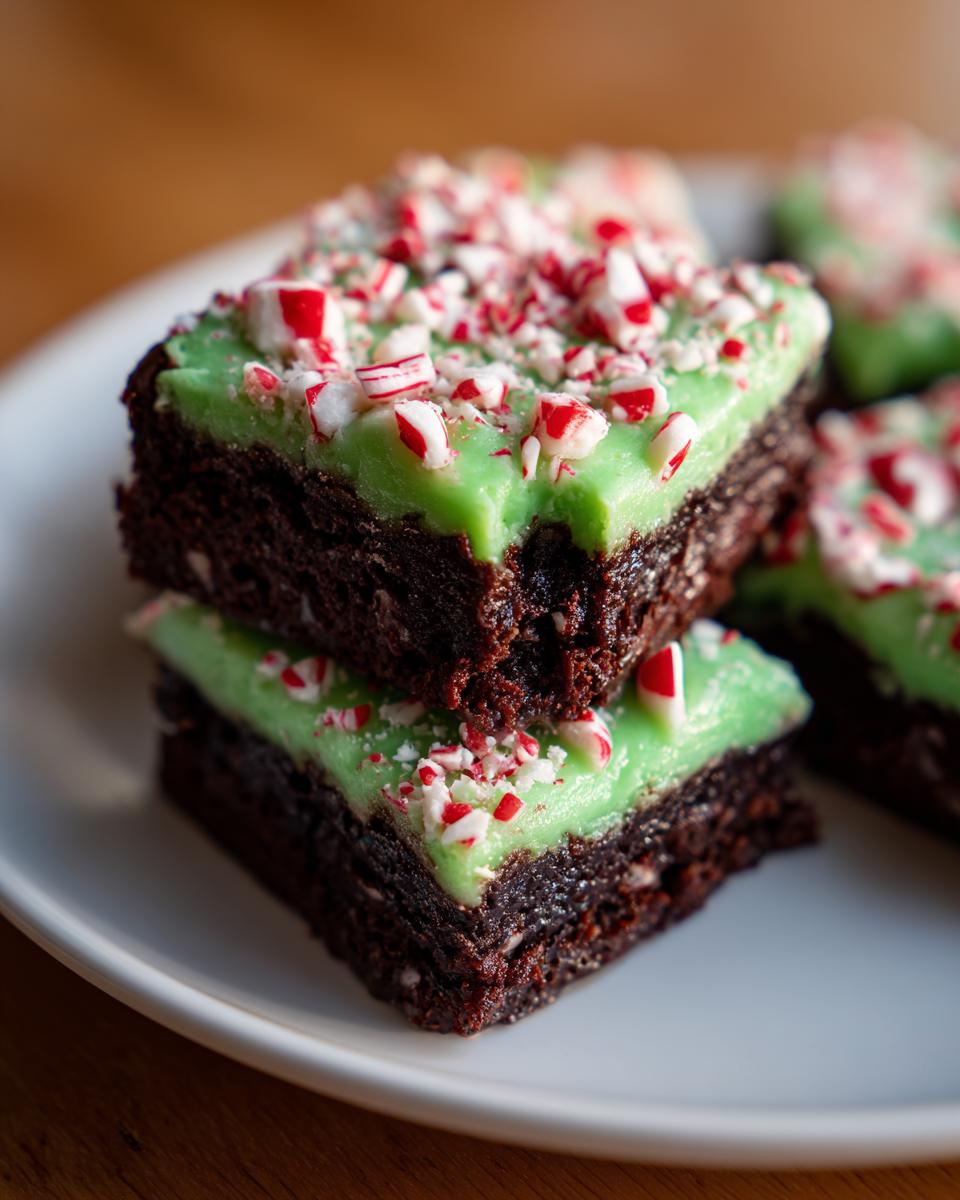 Two stacked, rich chocolate peppermint brownies topped with bright green frosting and crushed candy canes.