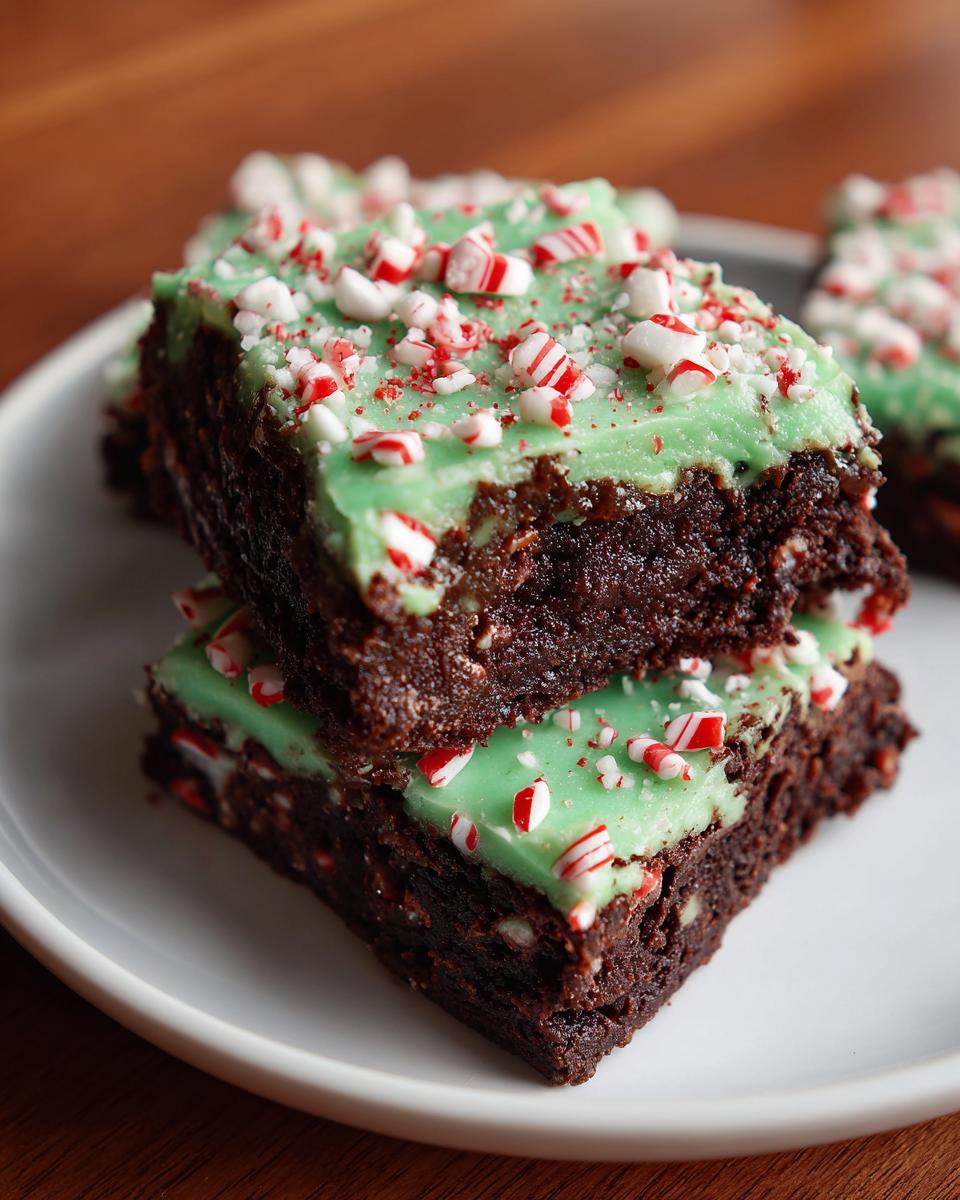 Two stacked, rich chocolate peppermint brownies topped with bright green frosting and crushed candy canes.