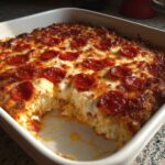 A square white baking dish filled with hot, bubbly pepperoni pizza dip, showing a scoop removed to reveal the creamy interior.