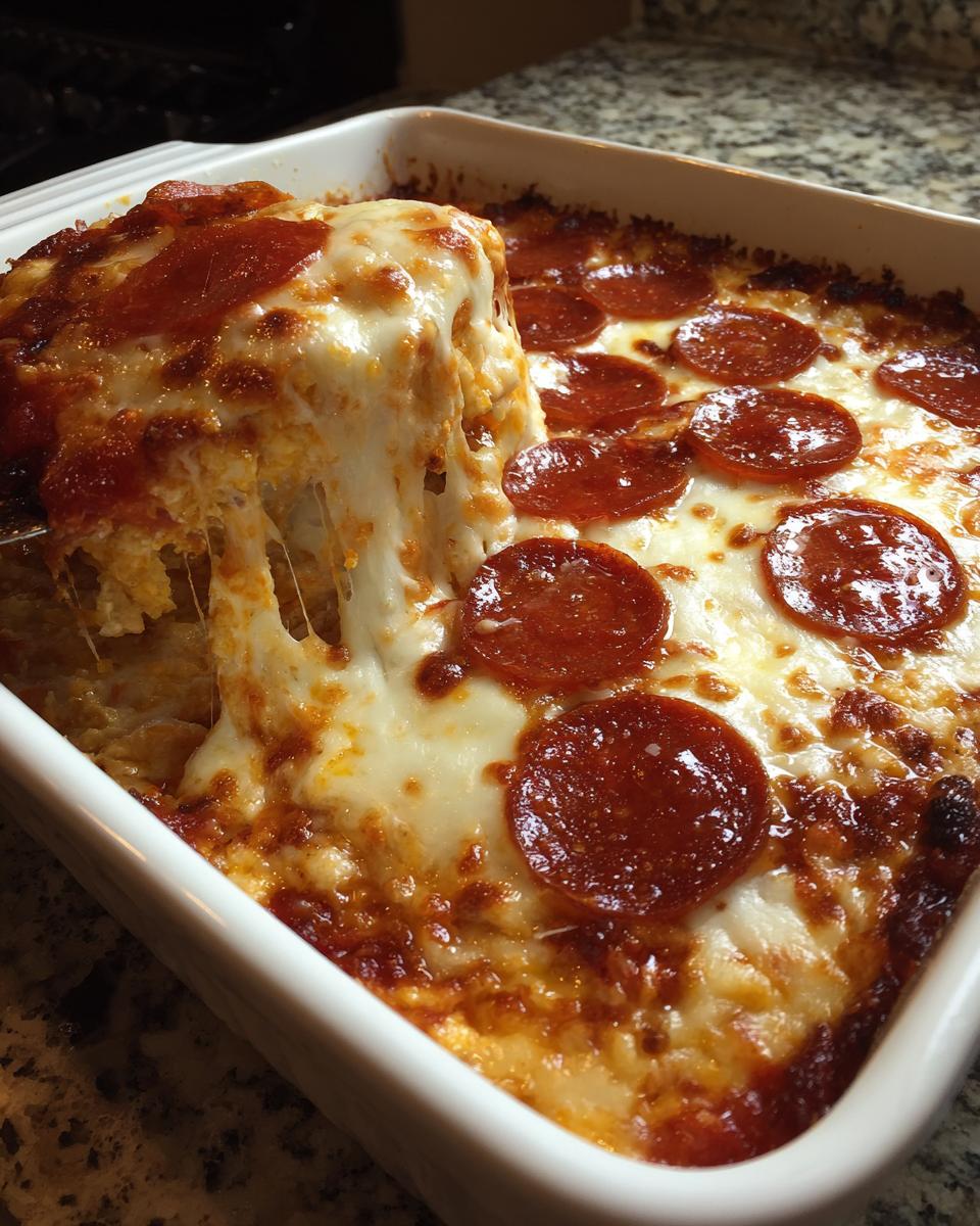 A spoonful of hot, cheesy pepperoni pizza dip is lifted from a white baking dish, showing long cheese strings.