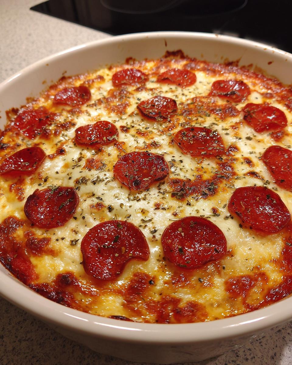 Close-up of a bubbling, baked pepperoni pizza dip topped with melted cheese and herbs in a round dish.
