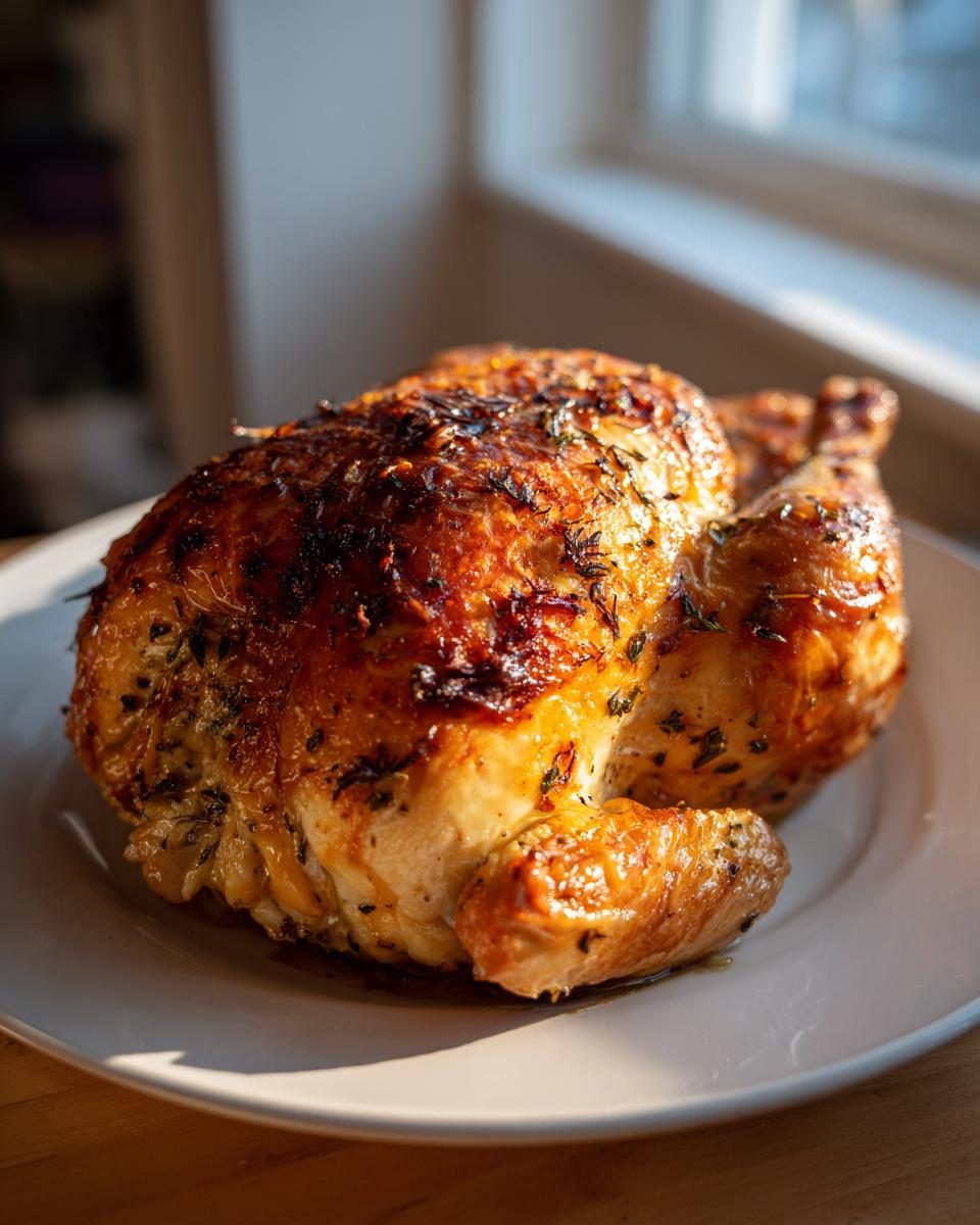 A whole, beautifully browned and seasoned roasted chicken resting on a white plate, bathed in sunlight.