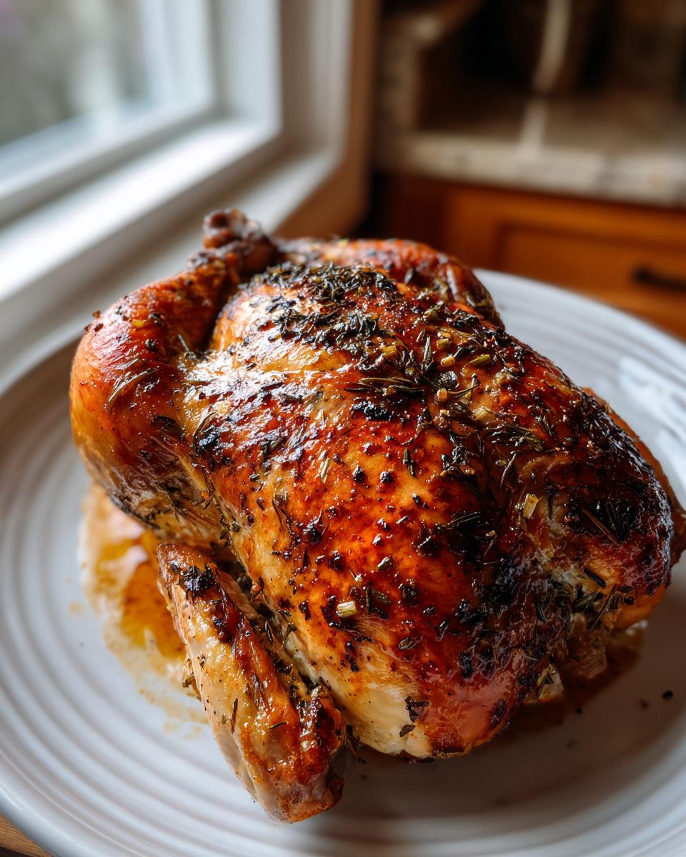A whole, perfectly cooked roasted chicken with crispy, herb-rubbed skin resting on a white plate.