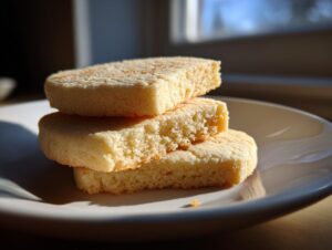 Three thick, perfectly shaped sugar cookies stacked on a light plate, showing their crumb texture.